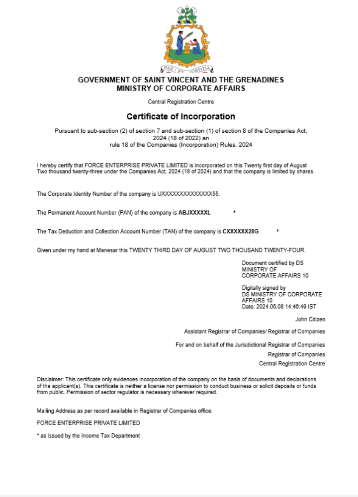 Saint Vincent and the Grenadines business registration certificate Word and PDF template